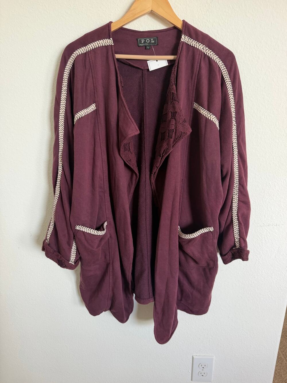 Pol Womens Open Front Drapy Cardigan Maroon Lace Boho Festival Size Large NWT